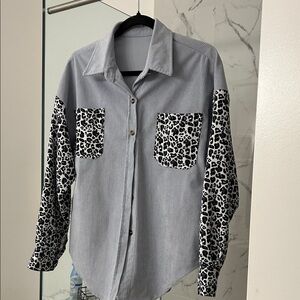 Light blue corduroy with cow print button down shirt